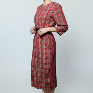 Clues Collections Red Plaid Midi Dress with Belt Size 8 Vintage